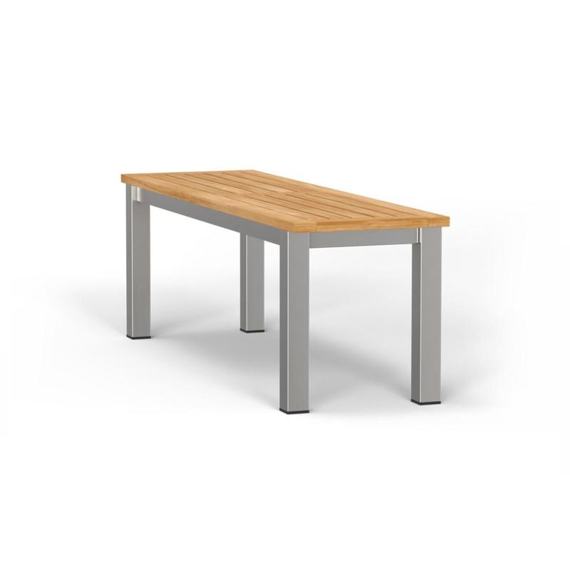 alt="23940 Vogue teak and stainless steel 4 foot backless bench angled end view on white background"