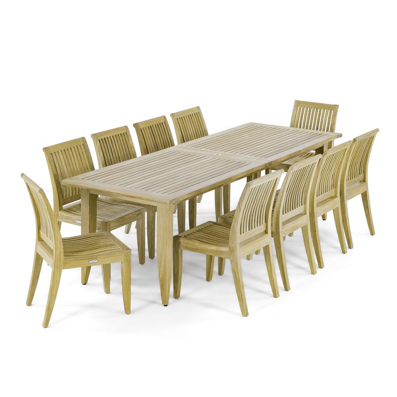 alt="70773 Laguna 11 piece Teak Dining Set angled side view on white background"
