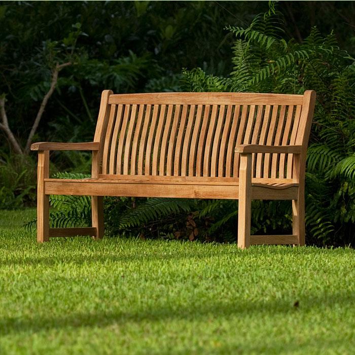 alt="13883 Veranda 6 foot long Teak Bench on grass field with trees and shrubs in background"