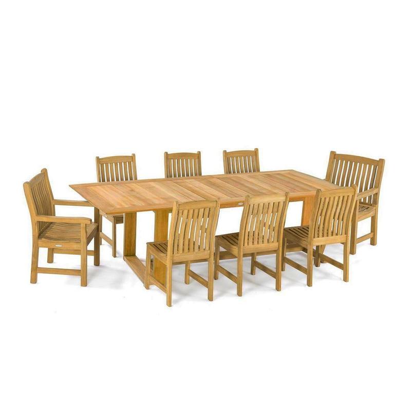 alt="70925 Horizon Veranda teak Rectangular Dining Set of Horizon Rectangular Table and 6 Veranda Side Chairs and 2 Armchairs angled side view on white background "