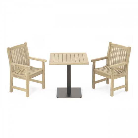 70195 Veranda 3 pc Teak Bistro Set of Vogue Teak 32 Inch Square Table and 2 Veranda Dining Armchairs angled on white background