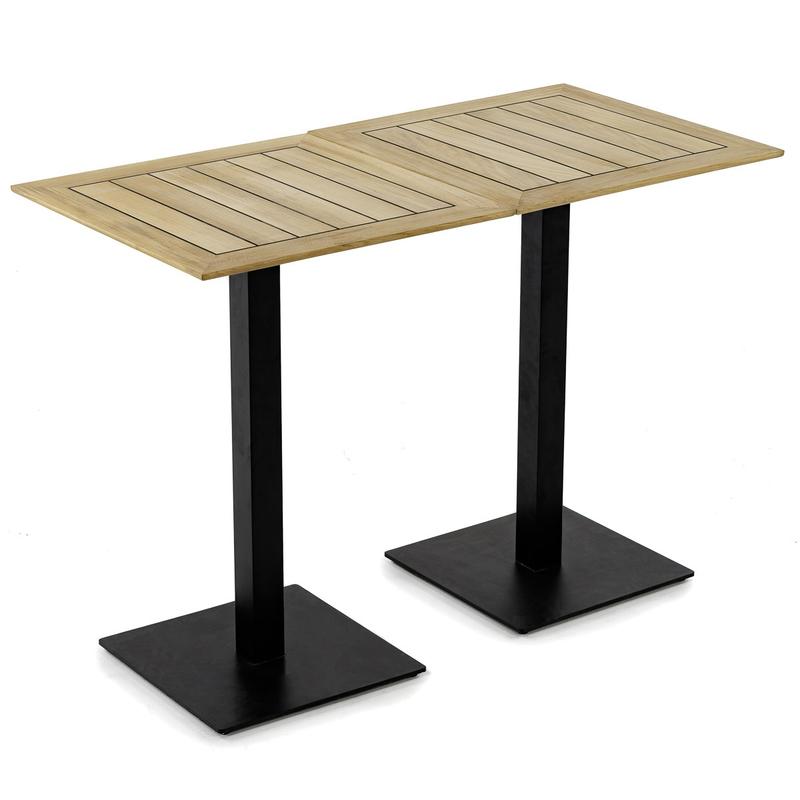 alt="70690 Somerset Bar Set of a 30 inch square teak and stainless steel high bar table showing 2 making a rectangle in side angled view on white background"
