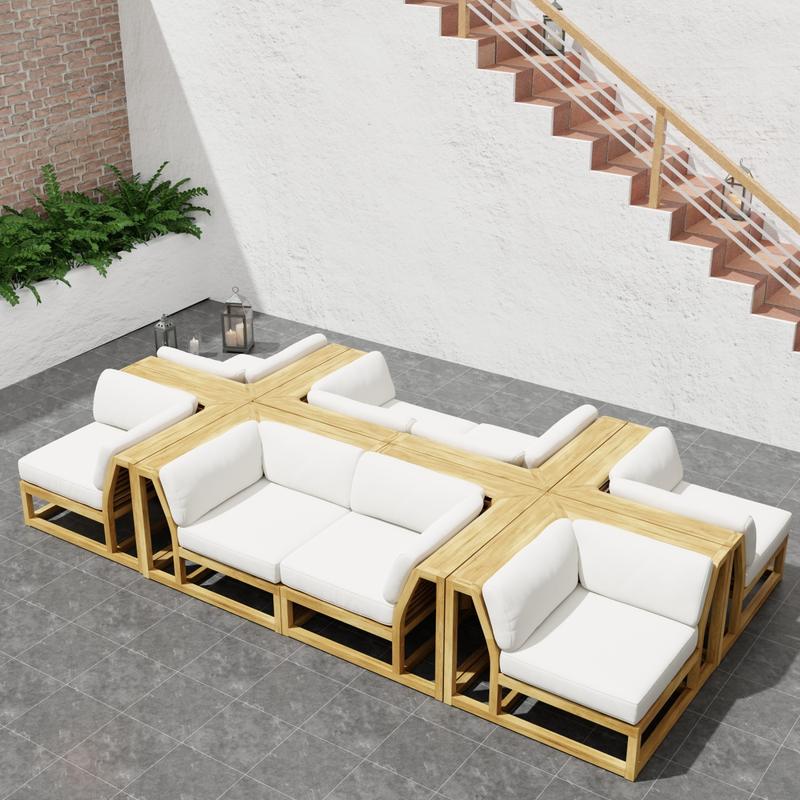 alt="70280 Maya 8 piece Lounge Set of 8 Maya Corner Sectionals in angled aerial view on patio with staircase to house in background"