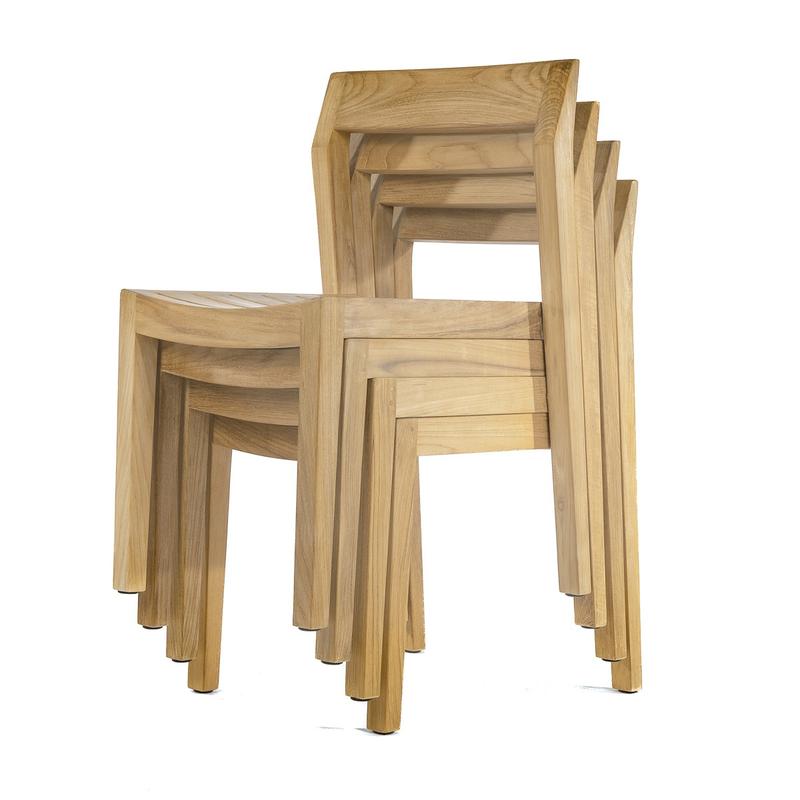 alt="70608 Barbuda Horizon teak side chair stacked 4 high angled front view on white background"