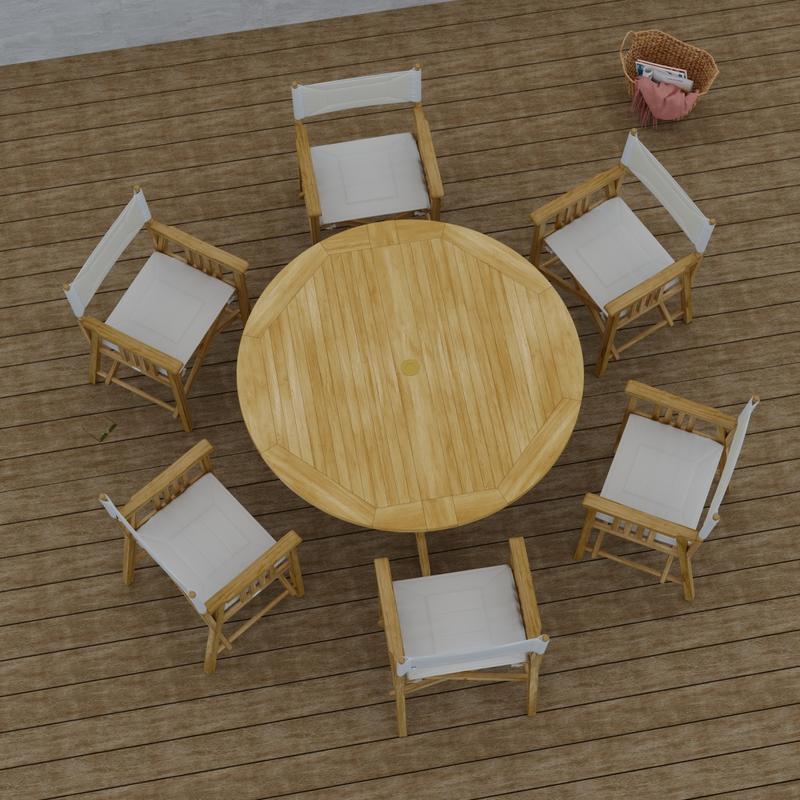 alt="70362 Barbuda Director 7 piece Teak Dining Set of 6 Director Chairs and Round 60 inch diameter folding teak dining table aerial view next to a basket of towels on wood deck"