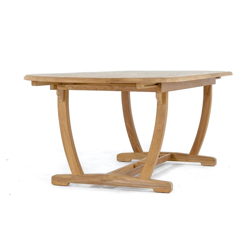 alt="70015 Montserrat Director teak oval table end view angled on white background"