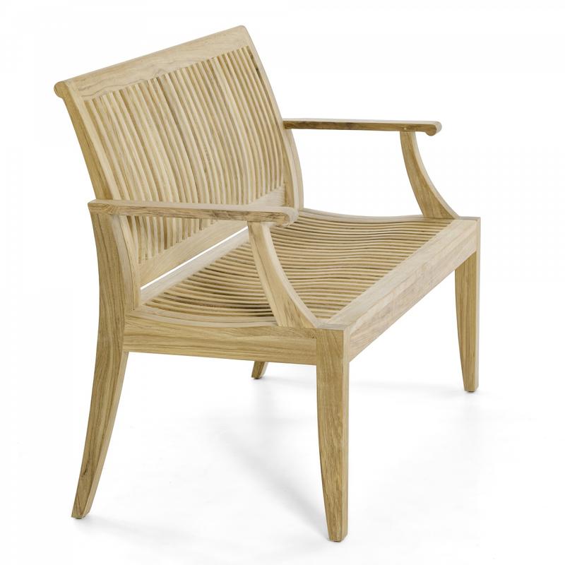 alt="13810 Laguna 4 foot Teak Bench angled side view on white background"