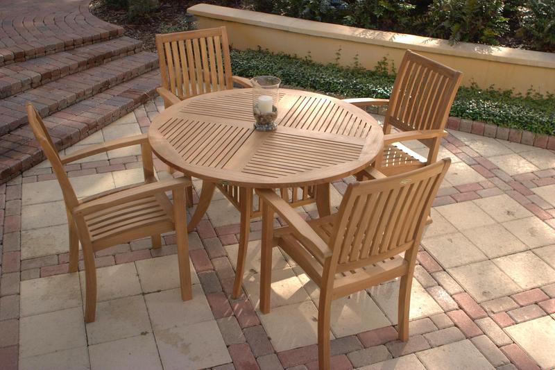 alt="12196ST Sussex Dining Chair showing with 5 piece Grand Hyatt Teak Dining Set on colored stone patio"