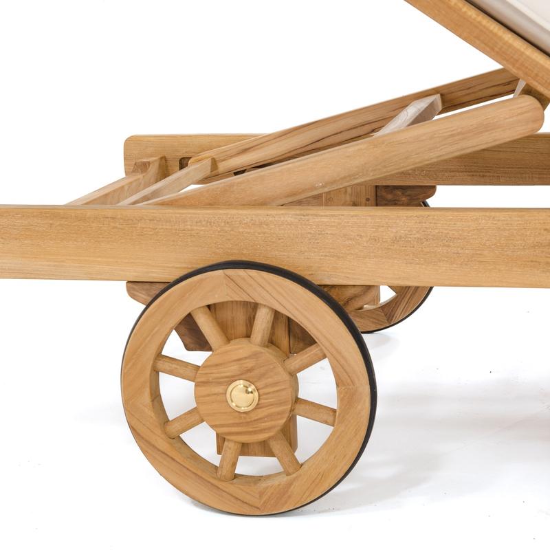 alt="70510 Somerset teak chaise frame closeup view of rubberized wheel and reclining mechanism on white background"