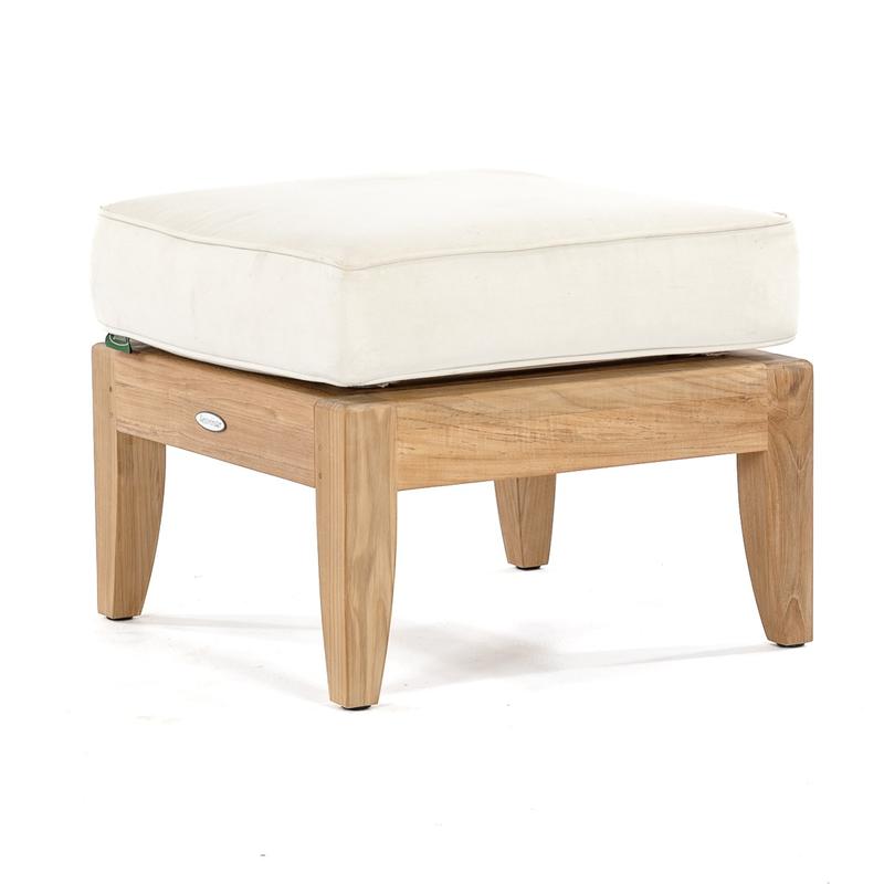 alt="18652 Laguna 22" Teak Ottoman with cushion angled on white background"