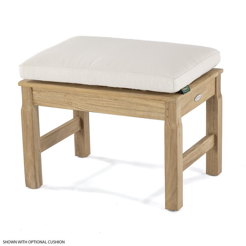 alt="18603 Teak 24 inch long rectangular Shower Bench Seat with optional canvas color cushion on seat angled on white background"