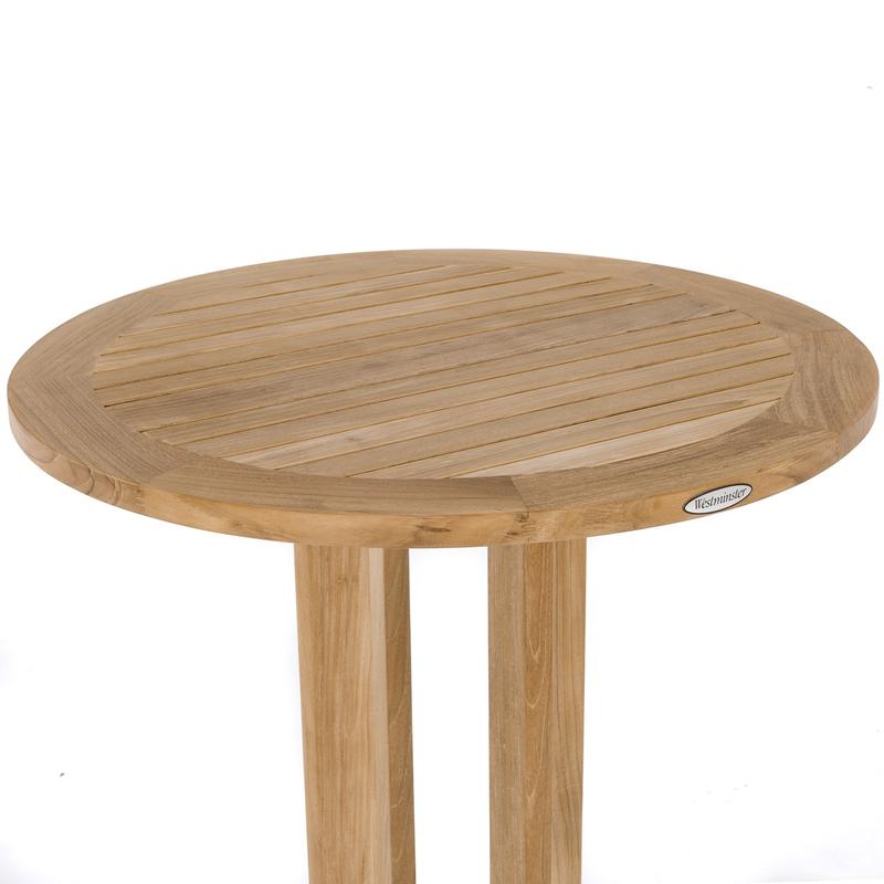 alt="70249 Somerset round teak bar table closeup side view on white background"