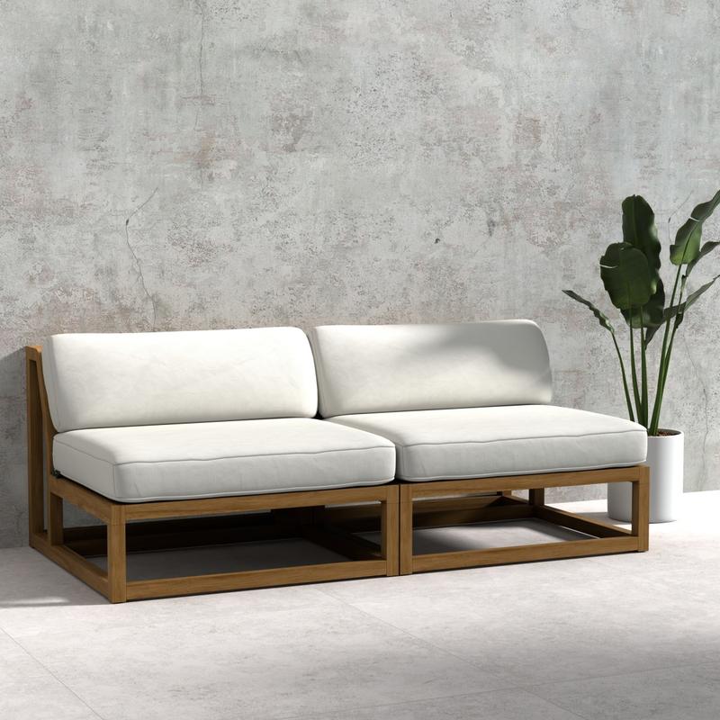 alt="70821 Maya Armless Love Seat showing 2 Maya Slipper Chairs in angled front view on tile next to a potted plant with a wall in the background"