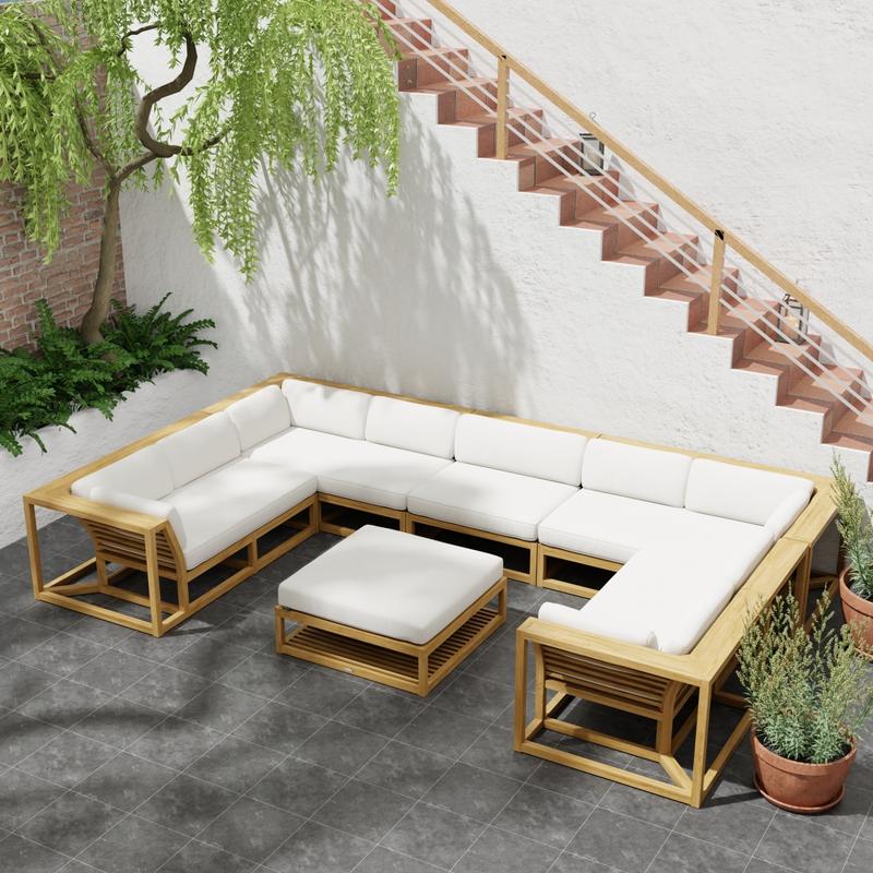 alt="70755 Maya 6pc Lounge Set with cushions in U shape in angled side view on patio with staircase of house in the  background"