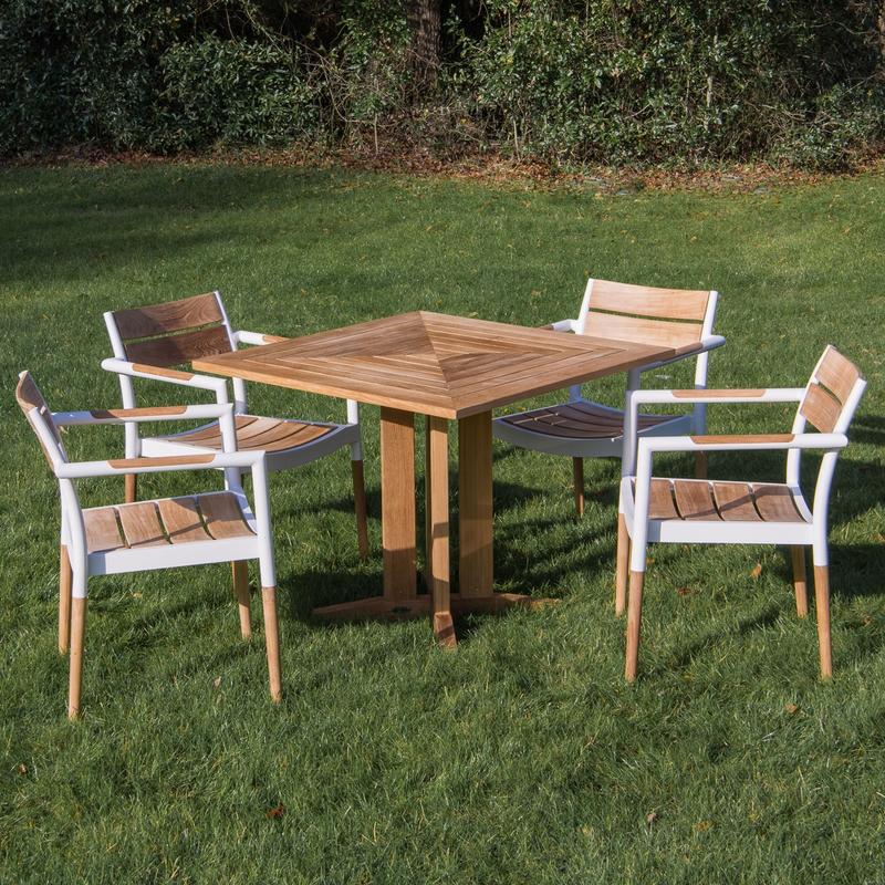 alt="70452 Bloom Pyramid Bistro Dining Set of 4 Bloom teak and powder coated aluminum dining chairs and Pyramid 36 inch square teak dining table on grass with trees in background"