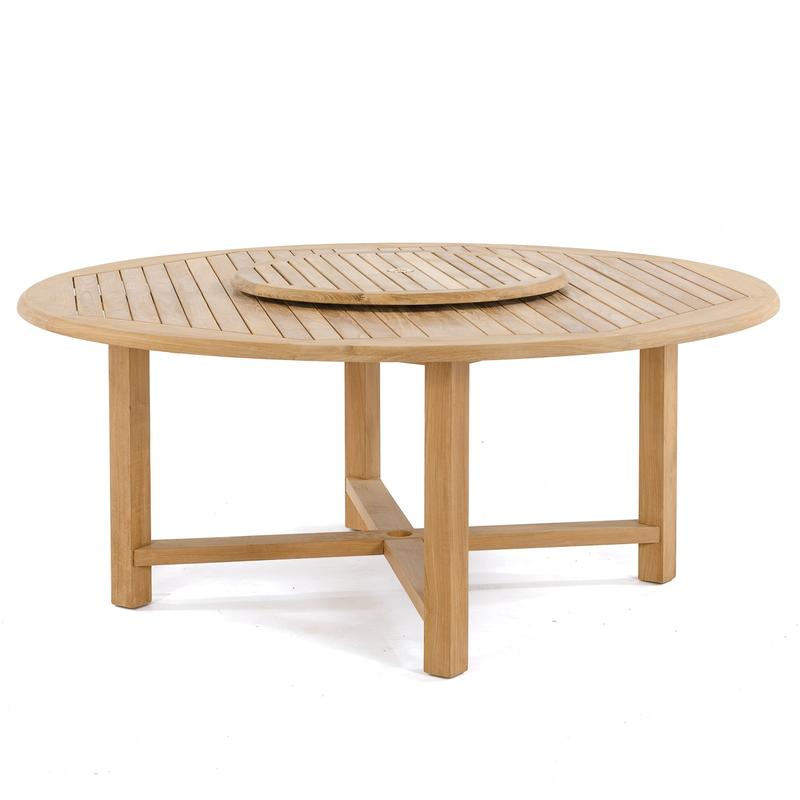alt="70018 Buckingham Barbuda teak 72 inch diameter round dining table with optional lazy susan in table umbrella hole on white background"
