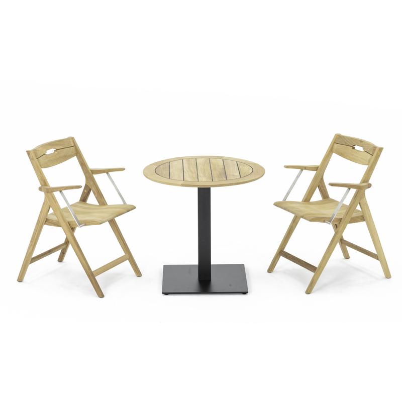 alt="70221 Surf 3 pc Bistro Set of Vogue 30 inch Round Table and 2 Surf Folding Dining Arm Chairs side angled view on white background"