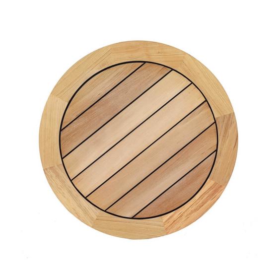 15969 Vogue 36 inch diameter Round Table Top with sikaflex marine sealant between teak slats on white background