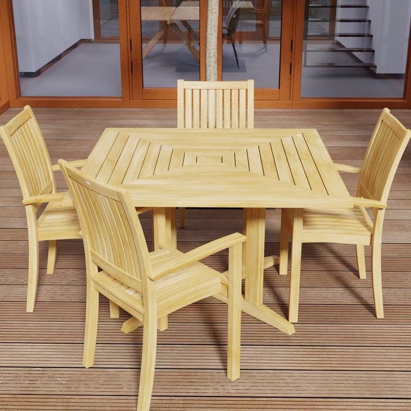 alt="70685 Sussex Pyramid 5 pc Dining Set of Pyramid Square Dining Table and 4 Sussex Armchairs in angled top view on wood deck with door to house in background "