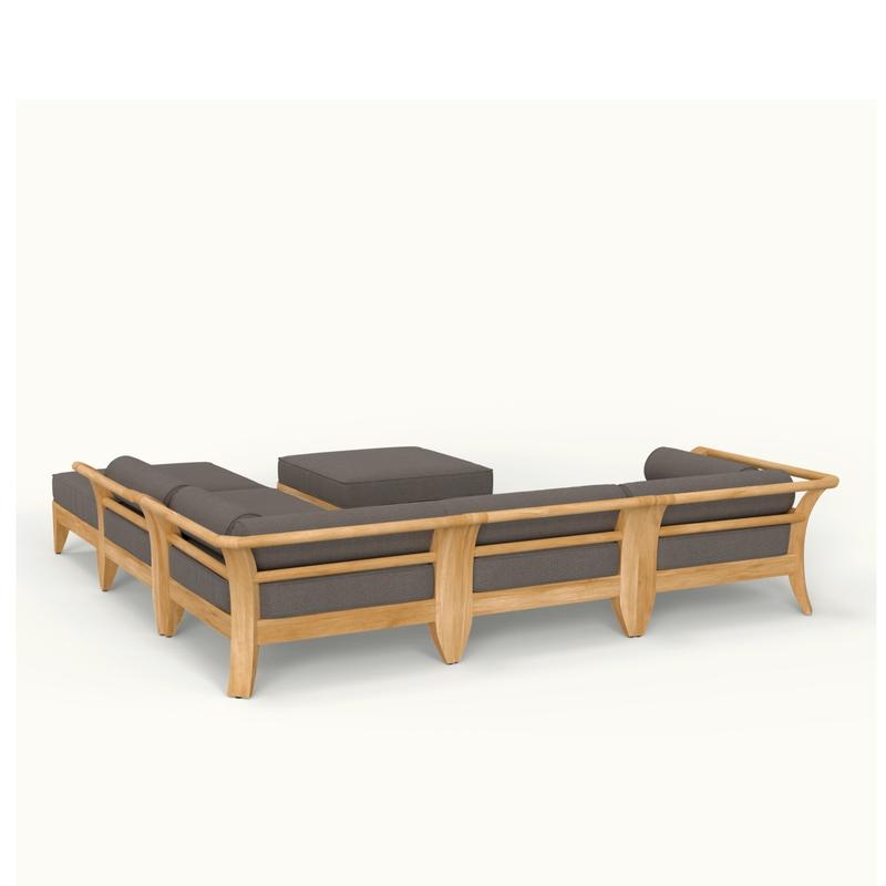 alt="70121 Aman Dais 6 piece teak Sectional Set in angled view of the sectional back on a white background"
