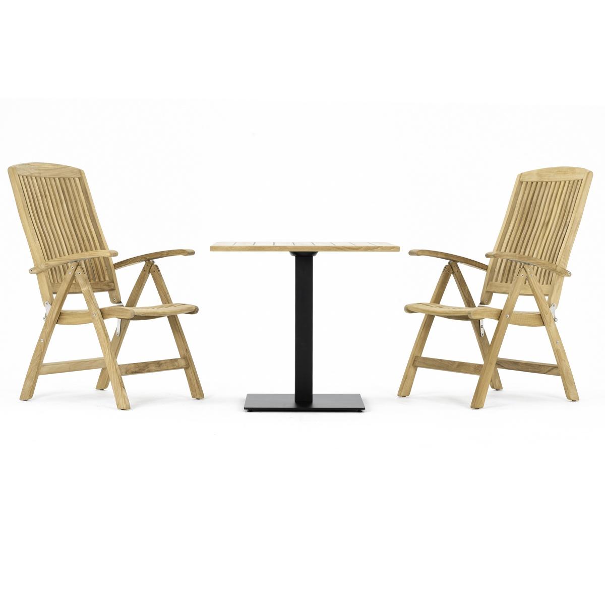 70197 Reclining 3 pc Teak Bistro Set of Teak 32 inch Square Table and 2 Barbuda Reclining Chairs side view on white background
