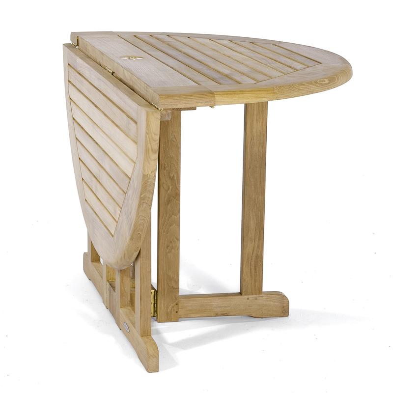 alt="70054 Veranda Barbuda teak folding 48 inch round dining table side view with one leaf folded on white background"