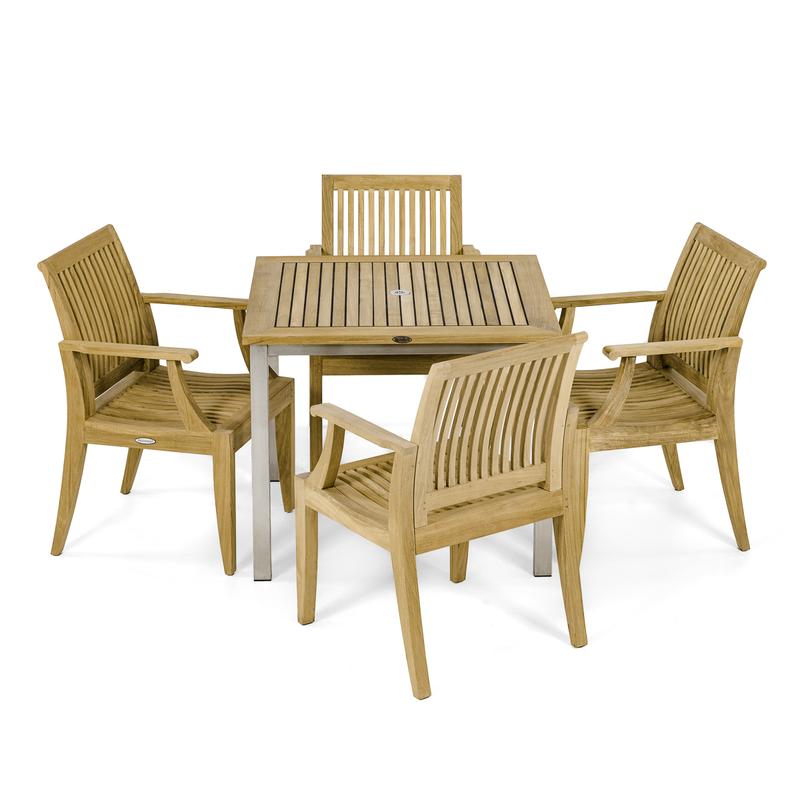 alt="70603 Vogue Laguna 5 pc Dining Set of Vogue Teak 36 inch Square Table and 4 Laguna Dining Arm Chairs angled aerial view on white background"