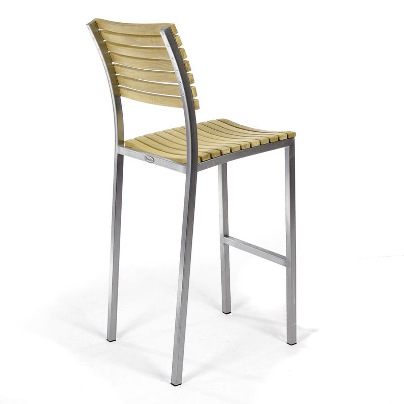alt="21510 Vogue Teak and Stainless Steel Bar Stool in angled back view on a white background"