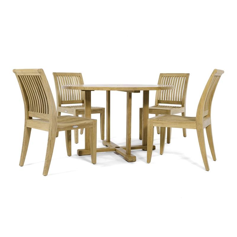 alt="70482 Laguna 4 foot round teak Dining Set of a 4 foot round teak dining table and 4 teak side chairs side profile on white background"
