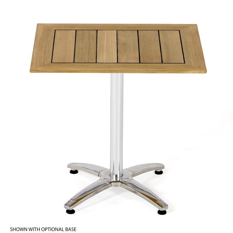 alt="70668 Veranda Vogue Bistro Set of teak and stainless steel rectangular table side view on white background"