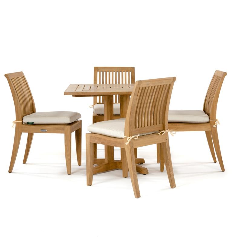 alt="70292 Pyramid 5 piece Laguna Teak Dining Set side view with optional canvas color cushions on seats on white background"