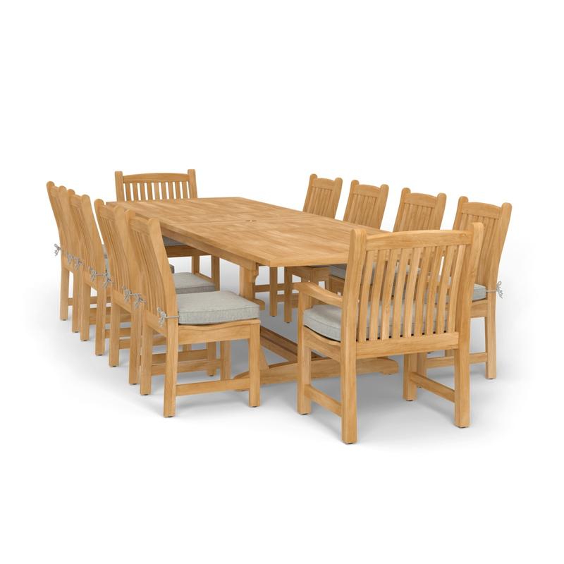 alt="70791 Veranda 11 pc teak Dining  Set of  Grand Veranda Rectangular Extension Dining Table and 8 Veranda Side Chairs and 2 Armchairs with optional cushions in side profile view on white background"
