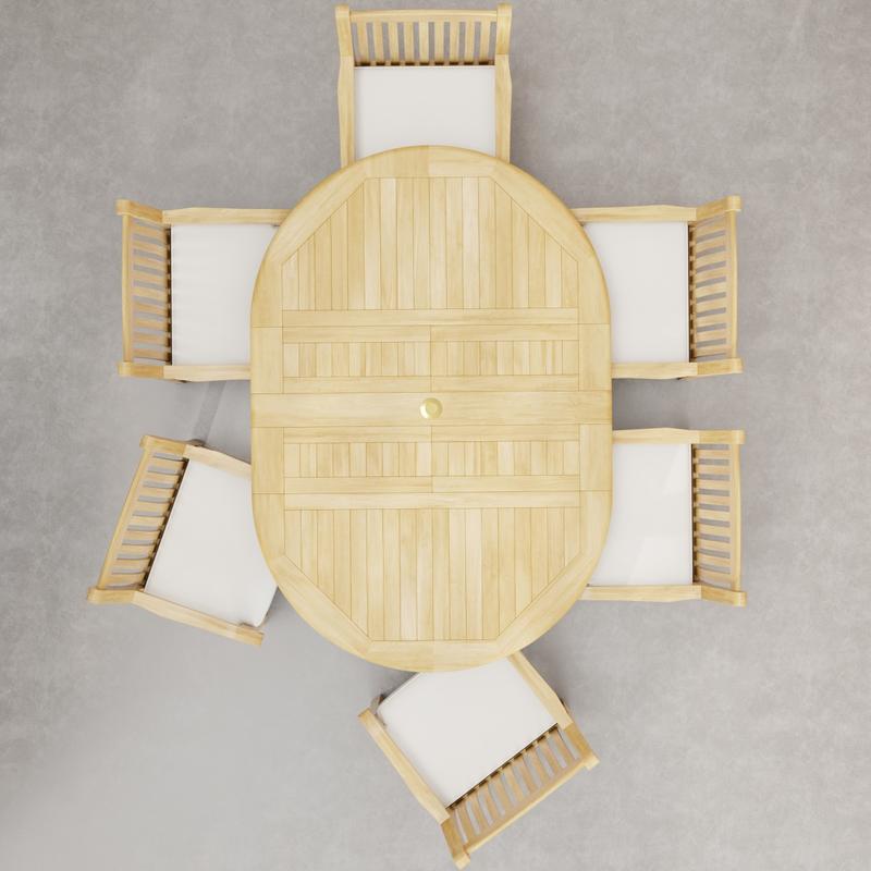 alt="70374 Oval Veranda Chair Dining Set of Martinique Teak Oval Table and 6 Veranda Dining Chairs aerial view on outdoor terrace  "
