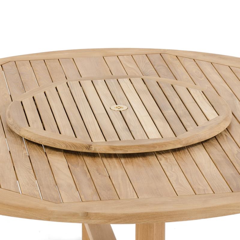 alt="18705 round 32 inch teak lazy susan on table angled view of table top on white background"