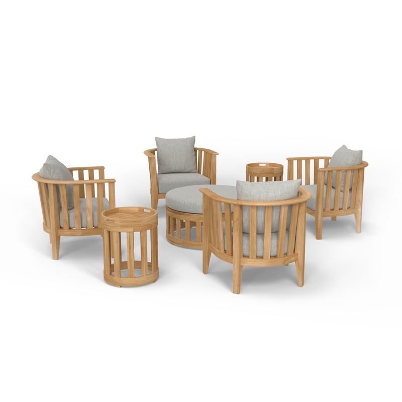 alt="70271 Kafelonia 7 piece Lounge Set of 4 Kafelonia Club Chairs and 2 Side Tables and Coffee Table Ottoman in angled aerial view on white background"