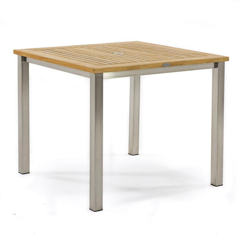 alt="70591 Vogue teak and stainless steel 36 inch square dining table angled view on white background"