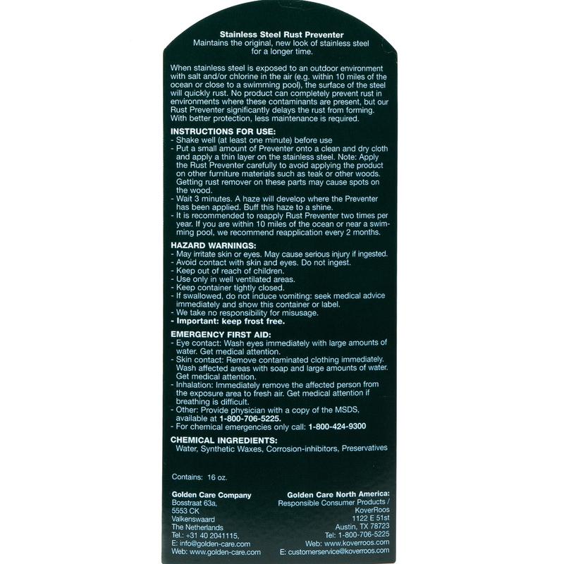 alt="30107 Golden Care Stainless Steel Care Kit label instructions on back on white background"