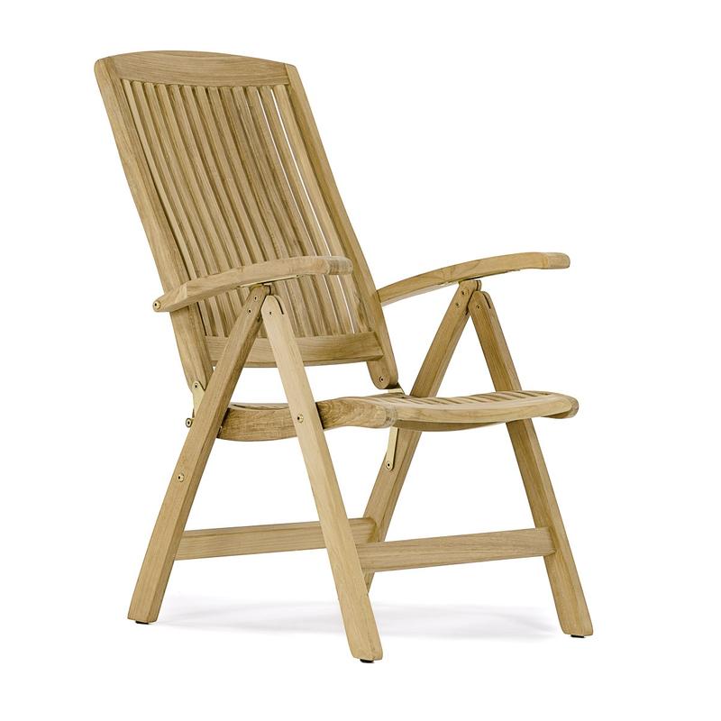 alt="12569S Barbuda Teak Recliner Armchair in angled side view on white background"