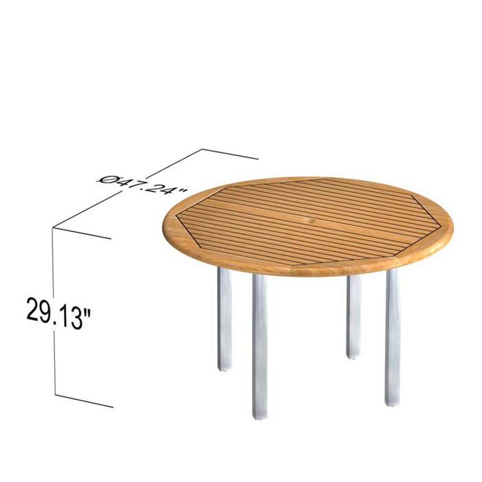 alt="70622 Vogue Teak and Stainless Steel 4 foot Round Dining Table autocad angled view on white background"