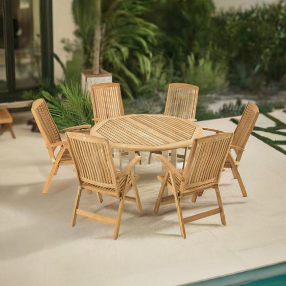 70480 Vogue Reclining Dining Set for 6 on a pool deck angled aerial view next to a pool and windows with landscaping trees and shrubs in the background