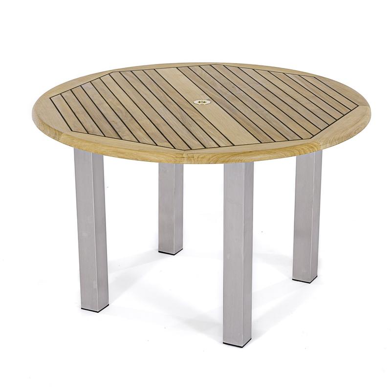 alt="25013 Vogue 4 foot Round Teak Table angled side view on white background"