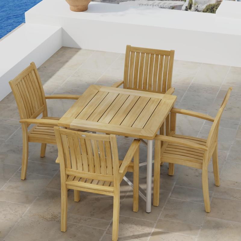 alt="70597 Odyssey Sussex 5 pc Dining Chair Set of Odyssey Square Table and 4 Sussex Dining Chairs in angled aerial view on tiled terrace "