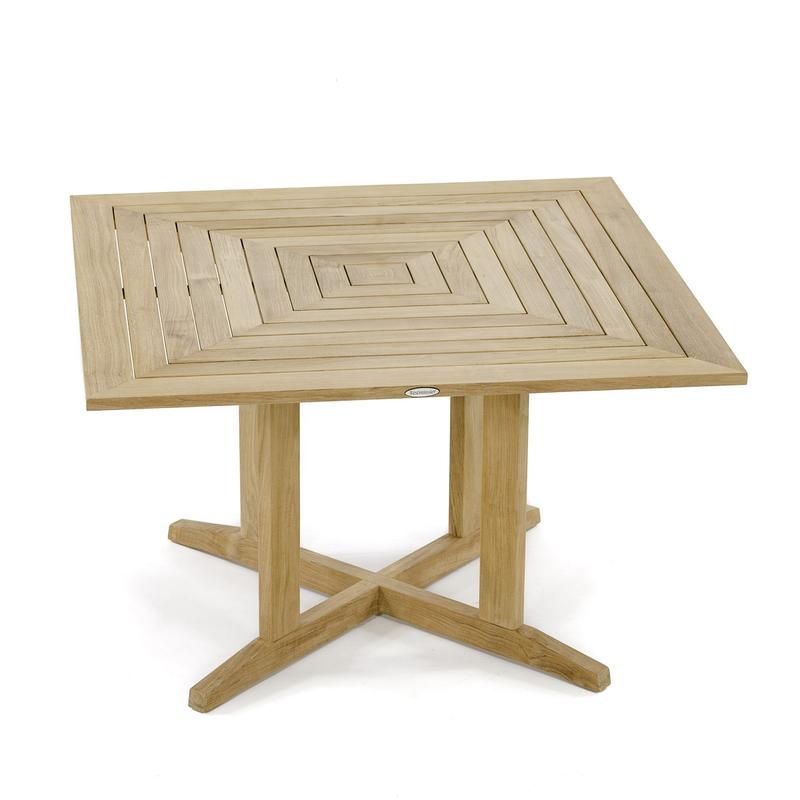 alt="15823 Pyramid 48 inch square teak dining table angled view on white background"