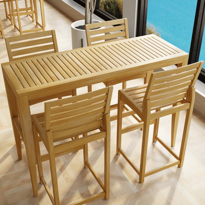 alt="70649 Laguna Somerset Side Barstool Set in a hospitality setting showing angled aerial view next to a wall of windows overlooking the ocean"