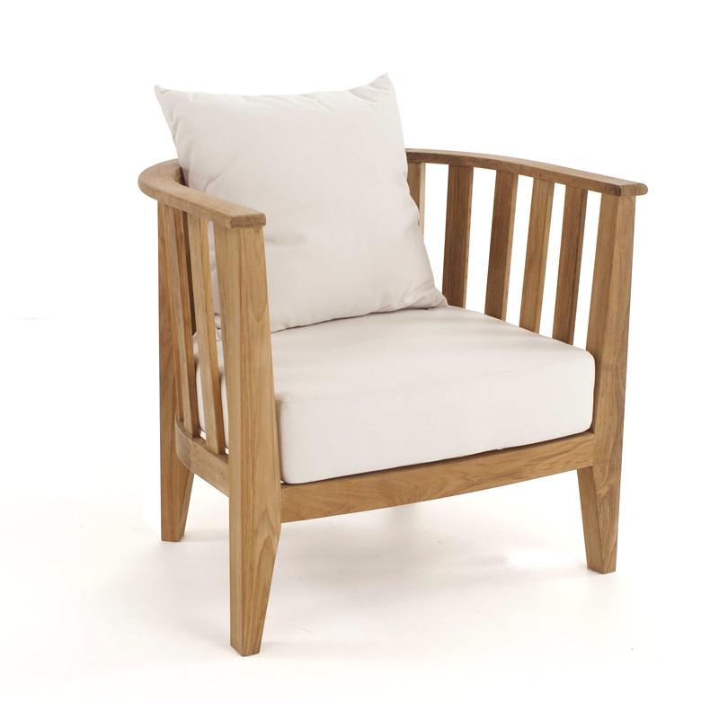 alt="12170DP Kafelonia teak Barrel Chair with cushions front angled view on white background"