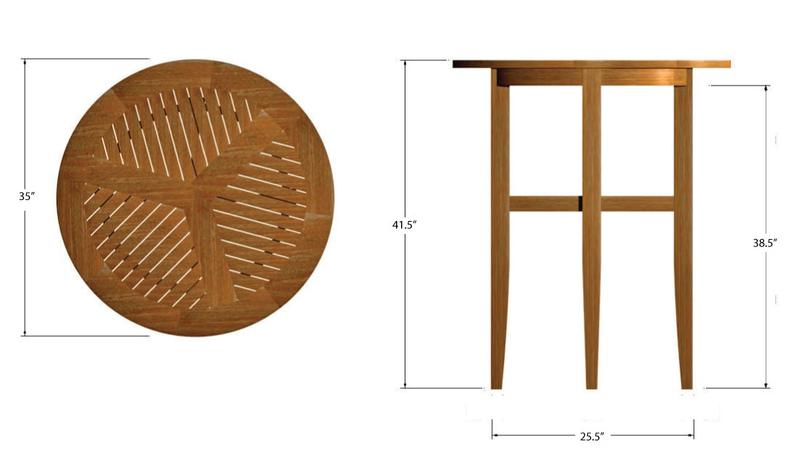 alt="15817 Laguna 36 inch Round Teak Bar Table showing autocad of side profile and table top on white background"