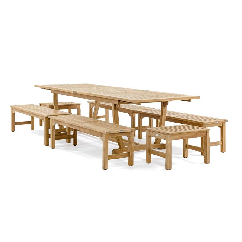 alt="70009 Grand Veranda teak dining table and bench set side view on white background"