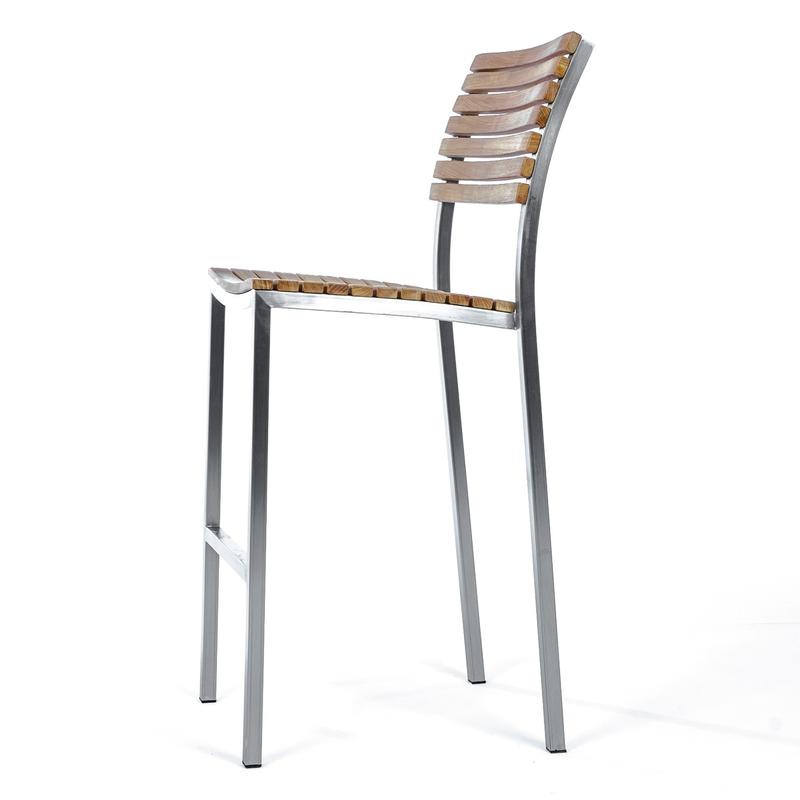 alt="70688 Vogue teak and stainless steel stacking bar stool left side angled view on white background"