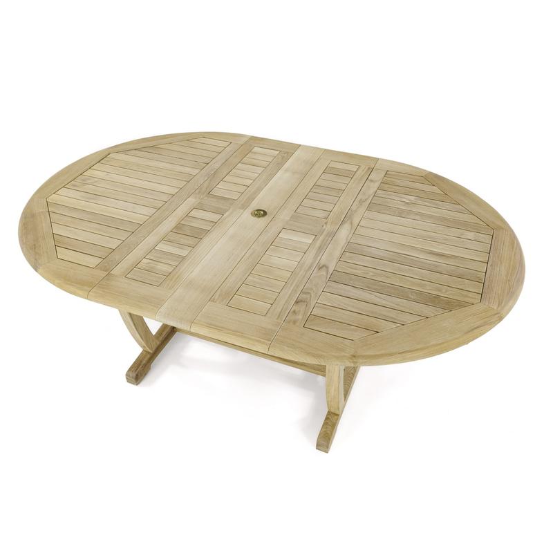 alt="70266 Martinique Sussex teak extension table closeup side view with butterfly leaves stored inside table on white background"