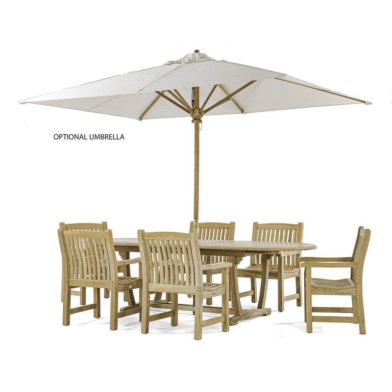 alt="70002 Montserrat 7 piece teak oval Dining Set with optional open rectangular umbrella on white background"